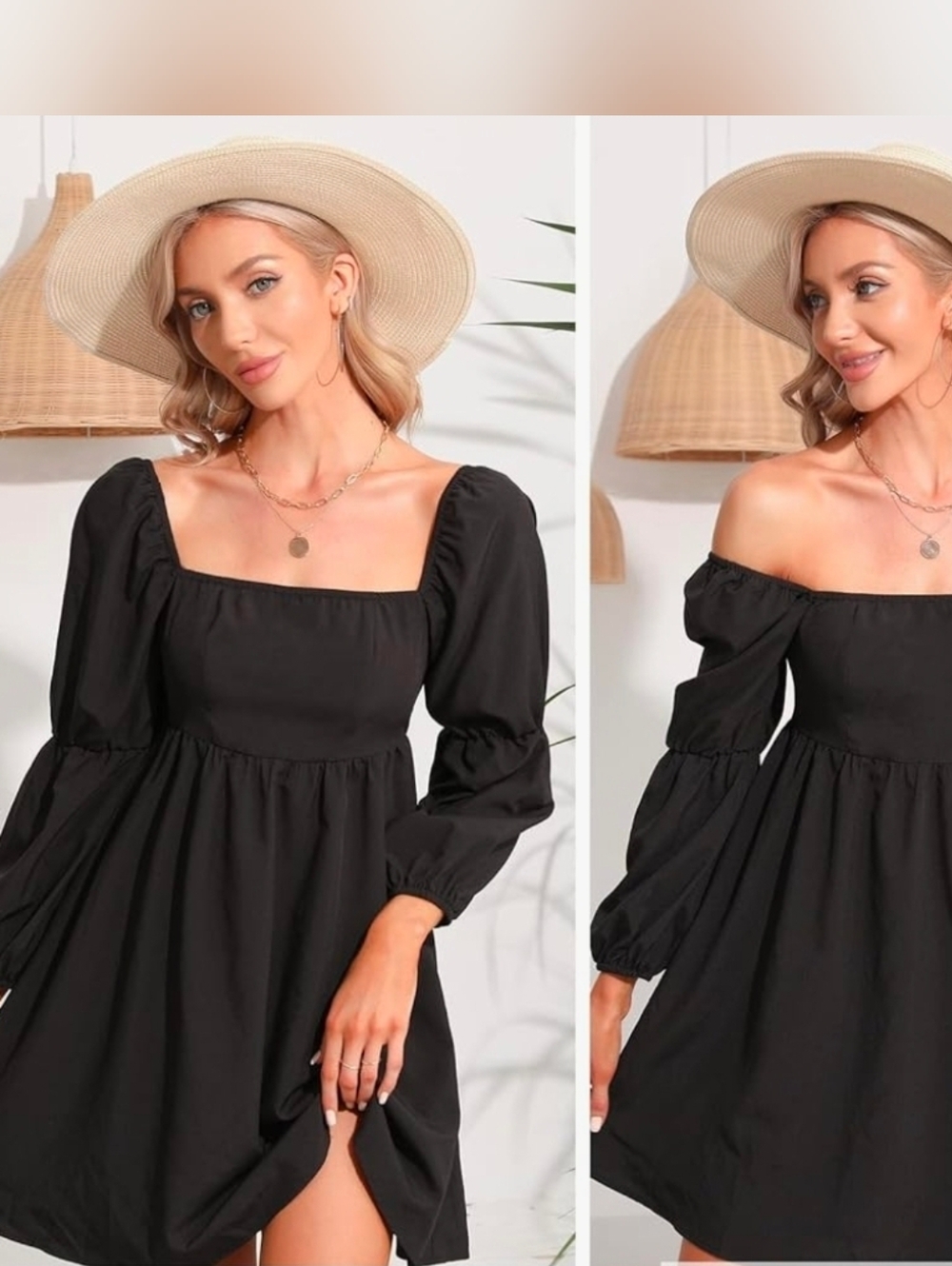 Exlura.Women's Black Square Collar & Off-Shoulder Babydoll Dress